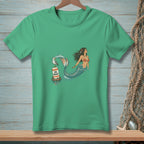 Mermaid and seagull on a "NO WAKE" buoy in ocean waves.
