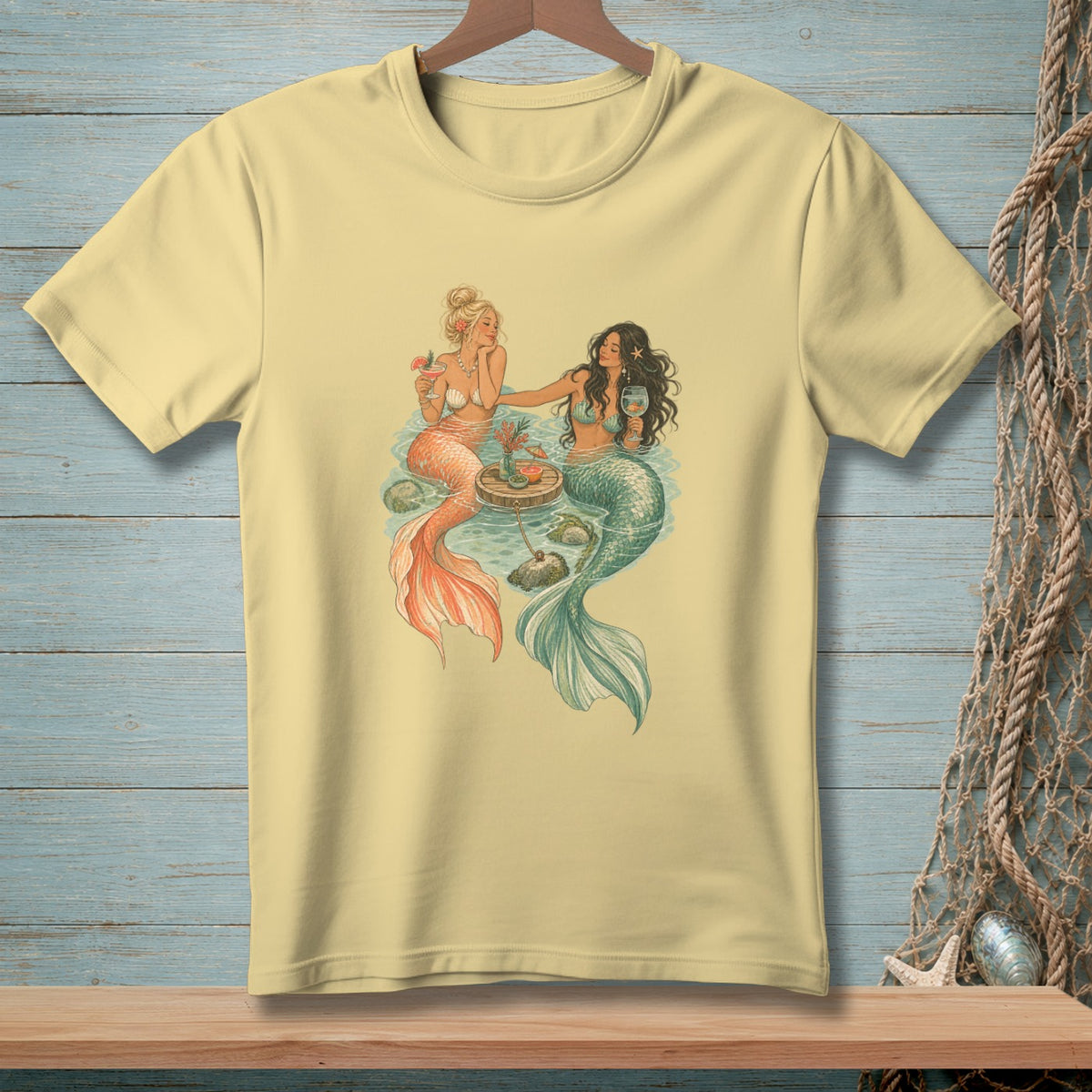 Two mermaids with cocktails on a wooden table in water.