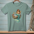 Mermaid with cocktails on a rock with a crab and starfish.