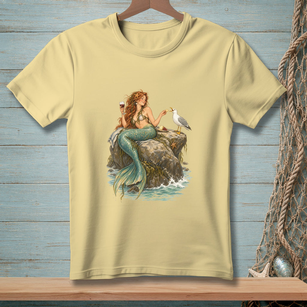 Mermaid on rock with wine and seagull, featuring watercolor illustration.