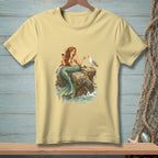 Mermaid on rock with wine and seagull, featuring watercolor illustration.