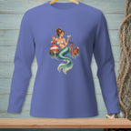 Mermaid holding cocktails with octopus near buoy on blue shirt.