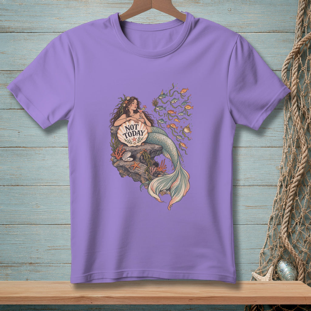 Purple t-shirt with a mermaid holding a seashell that says "NOT TODAY" and a school of fish.