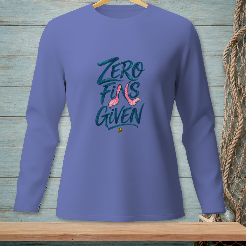 Purple long sleeve shirt with "ZERO FINS GIVEN" mermaid tail graphic.