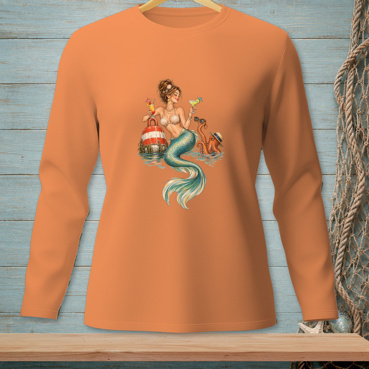 Mermaid with octopus and drinks on a beach buoy.
