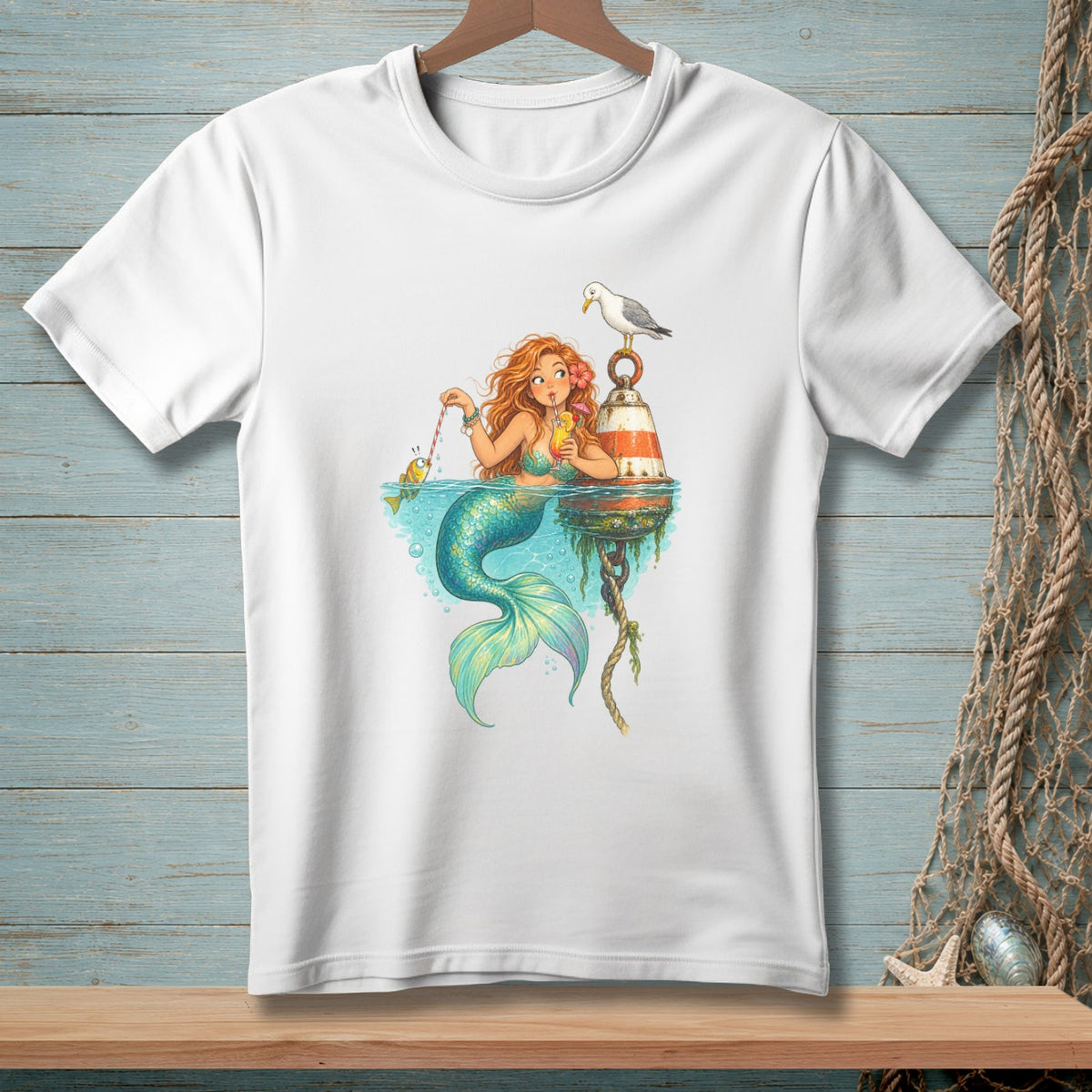 White t-shirt with a cartoon mermaid drinking from a cocktail, by a buoy with a seagull.