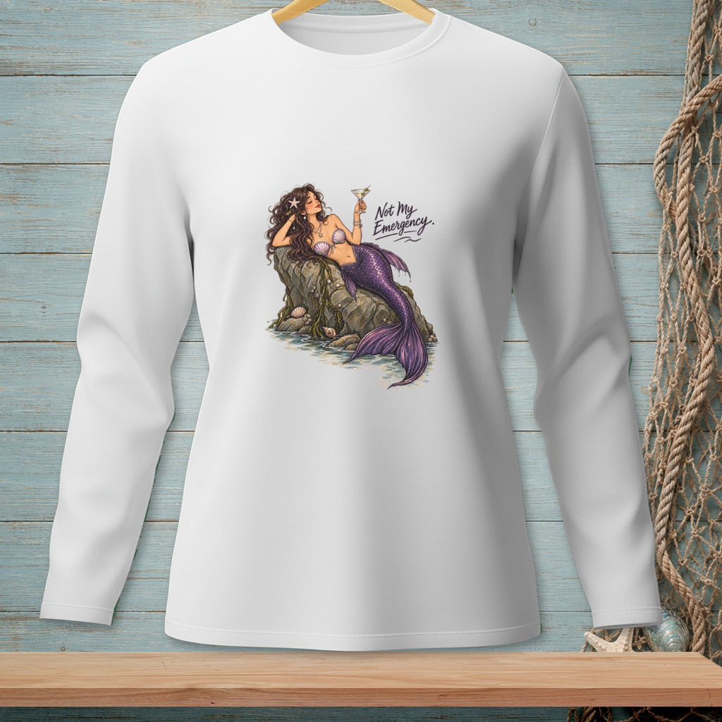 Mermaid relaxing on a rock with a drink, text reads "Not My Emergency."