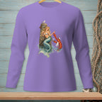 Mermaid with lobster waiter and drinks, on a purple long-sleeve shirt.