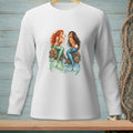 Two mermaids with pearls sit on rocks, one with red hair, one with dark hair.