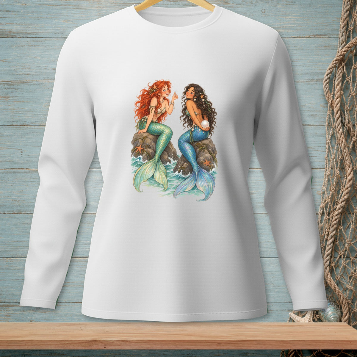 Two mermaids with pearls sit on rocks, one with red hair, one with dark hair.
