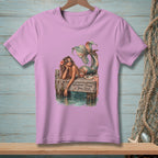 Mermaid on dock with wine and book, text "Whatever Floats Your Boat."