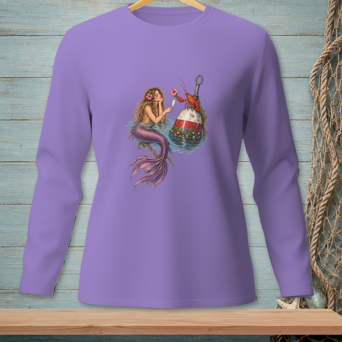 Mermaid with lobster on buoy holding a champagne flute and flower.