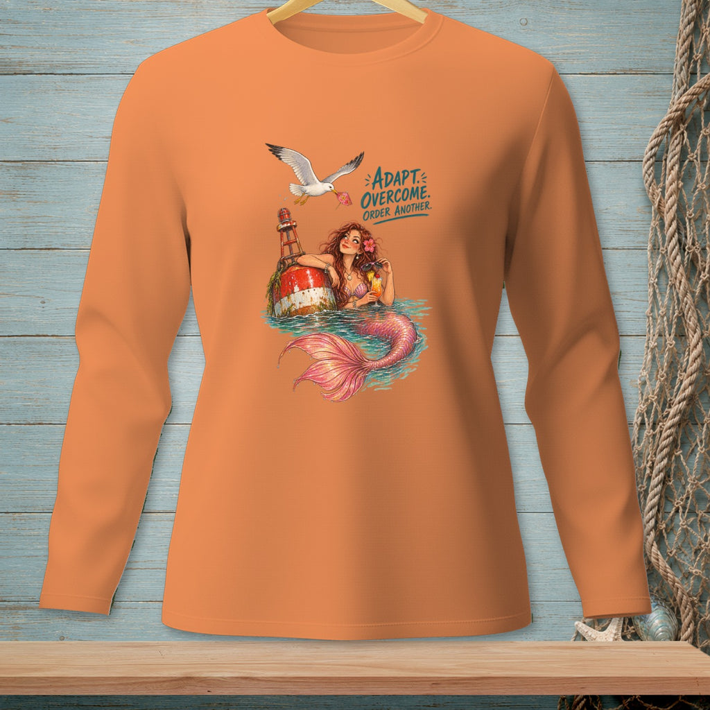 Orange long-sleeve shirt with mermaid, buoy, and text "ADAPT. OVERCOME. ORDER ANOTHER."