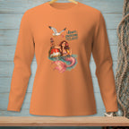 Orange long-sleeve shirt with mermaid, buoy, and text "ADAPT. OVERCOME. ORDER ANOTHER."