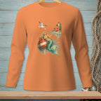 Mermaid sitting on a buoy with a seagull and tropical island on orange shirt.
