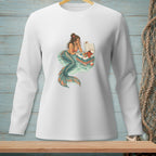 Mermaid with tail resting on cooler with lobster and drink in water.