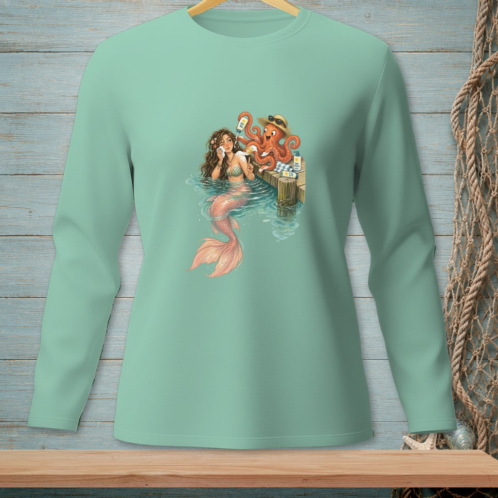 Mermaid and octopus relaxing on a dock with sunscreen bottles.
