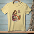 Light yellow t-shirt featuring a mermaid with a lobster and flowers with text "Let's Finish The Job."