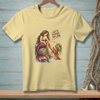 Light yellow t-shirt featuring a mermaid with a lobster and flowers with text "Let's Finish The Job."