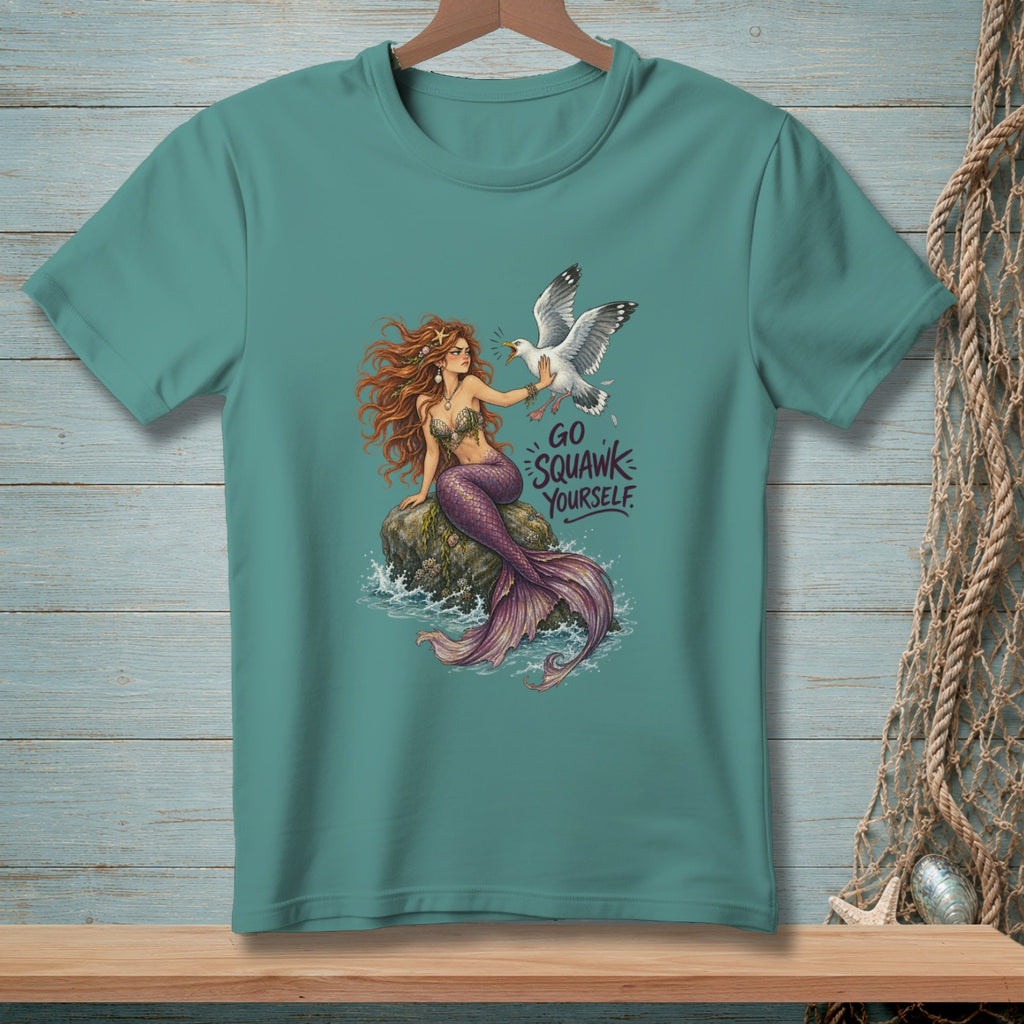 Mermaid sitting on rock with seagull and text "GO SQUAWK YOURSELF."