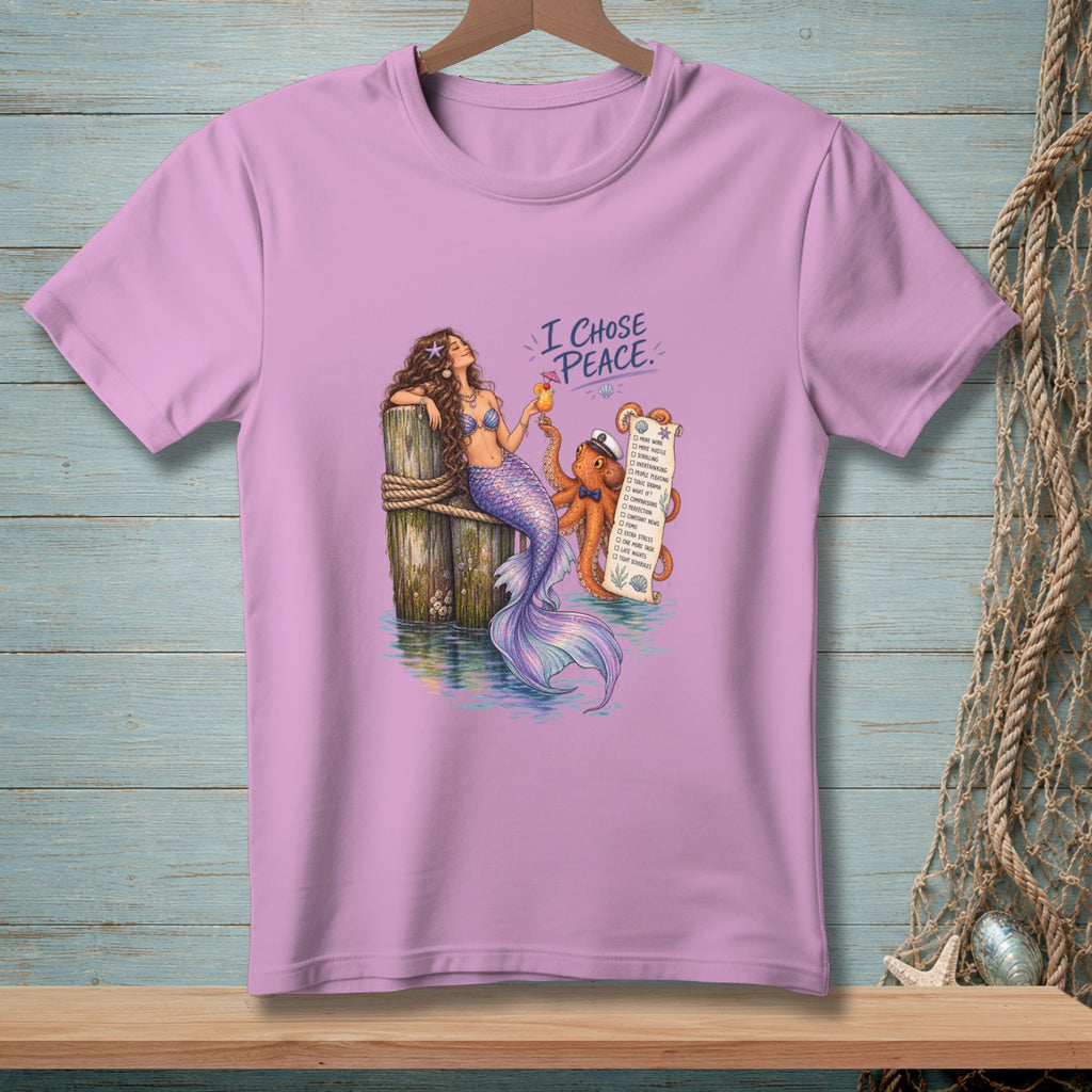 Mermaid and octopus by dock with "I Chose Peace" list of things rejected.