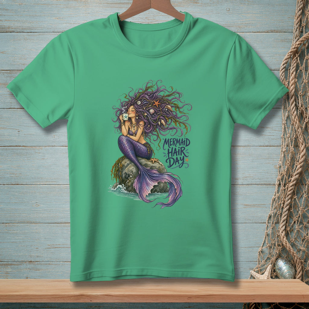 Green t-shirt with mermaid drinking coffee and "Mermaid Hair Day" text.