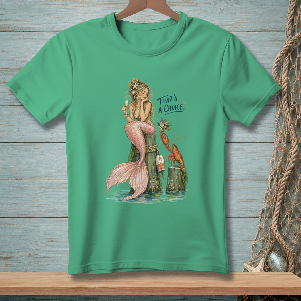 Mermaid with champagne and lobster on posts, with text "THAT'S A CHOICE."