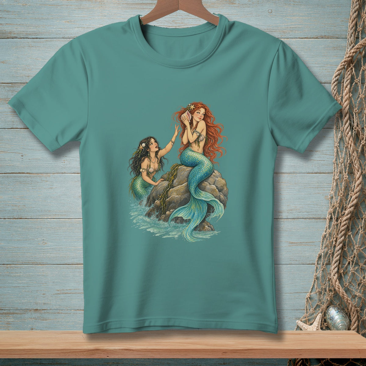 Two mermaids on a rock, one listening to a seashell, artwork on teal t-shirt.