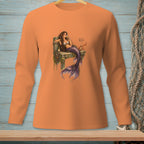 Orange long-sleeve shirt with a mermaid on a dock holding a drink.