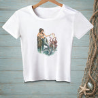 White t-shirt with a mermaid and octopus graphic holding a "to do" list.