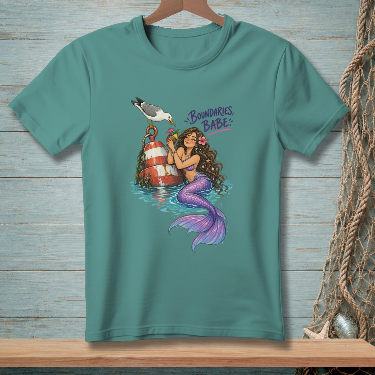 Mermaid with purple tail and seagull on a buoy, text "Boundaries, Babe".