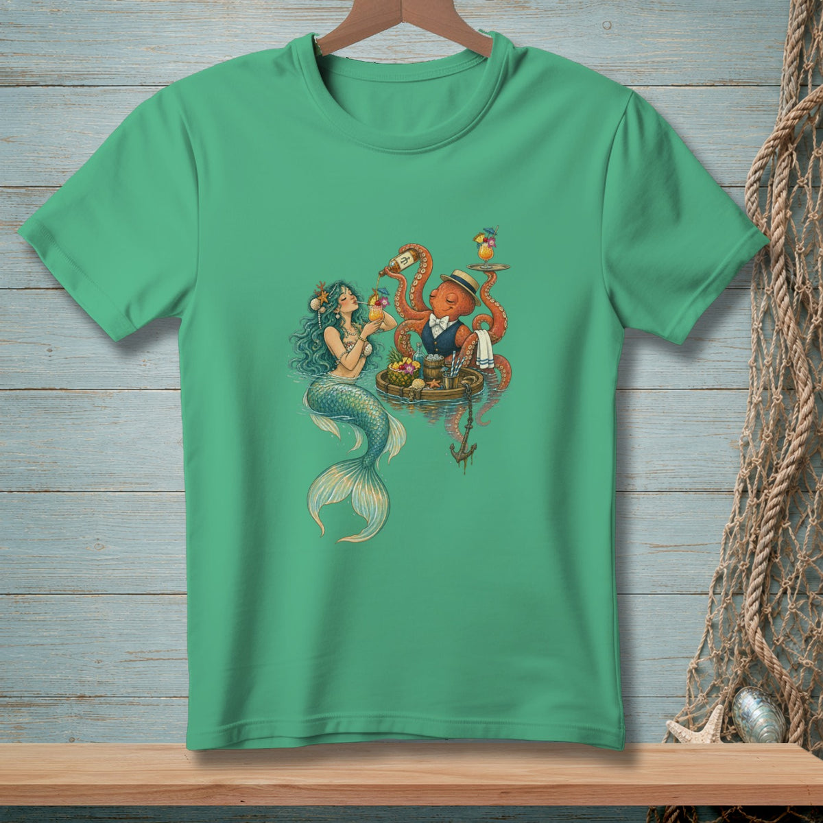 Mermaid drinking cocktail served by an octopus bartender on a raft.