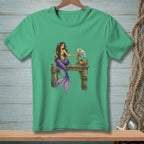 Mermaid with purple tail interacting with a crab and fan on wooden pier.