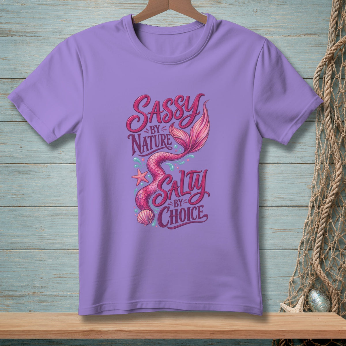 Purple t-shirt with "Sassy by Nature Salty by Choice" mermaid graphic.
