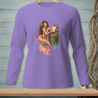 Mermaid by a dock with crab and updated sign on a purple long-sleeve shirt.