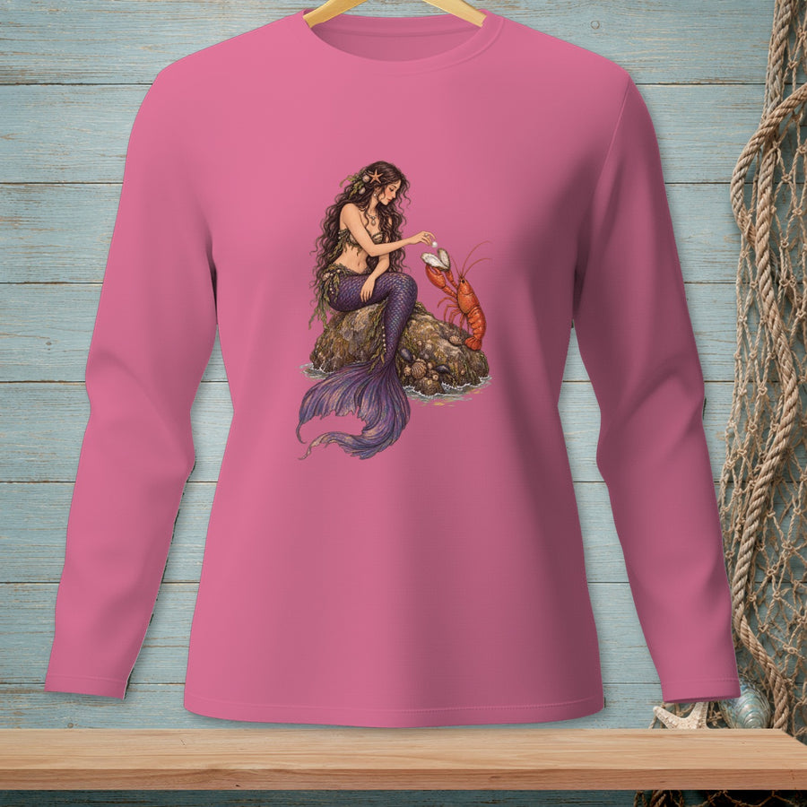 Mermaid with purple tail holding pearl with lobster on rock.