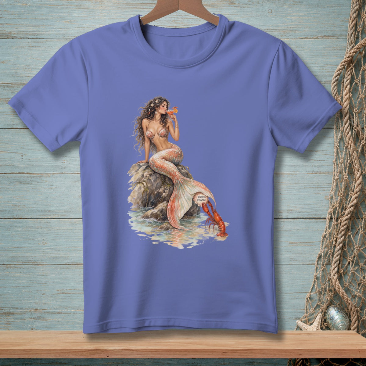 Mermaid with cocktail sits on a rock with a lobster holding a sign saying "Second Chance."