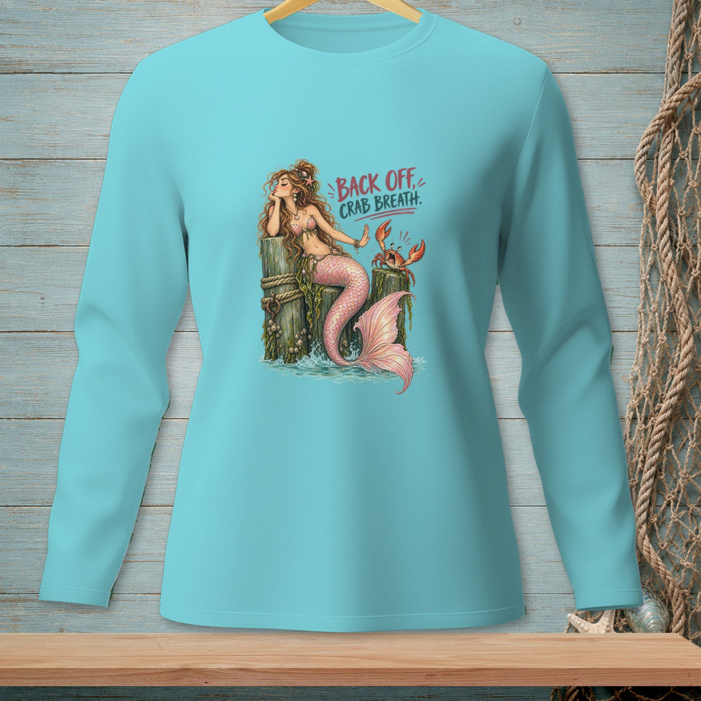 Mermaid sitting on a post with a crab and text "BACK OFF, CRAB BREATH."