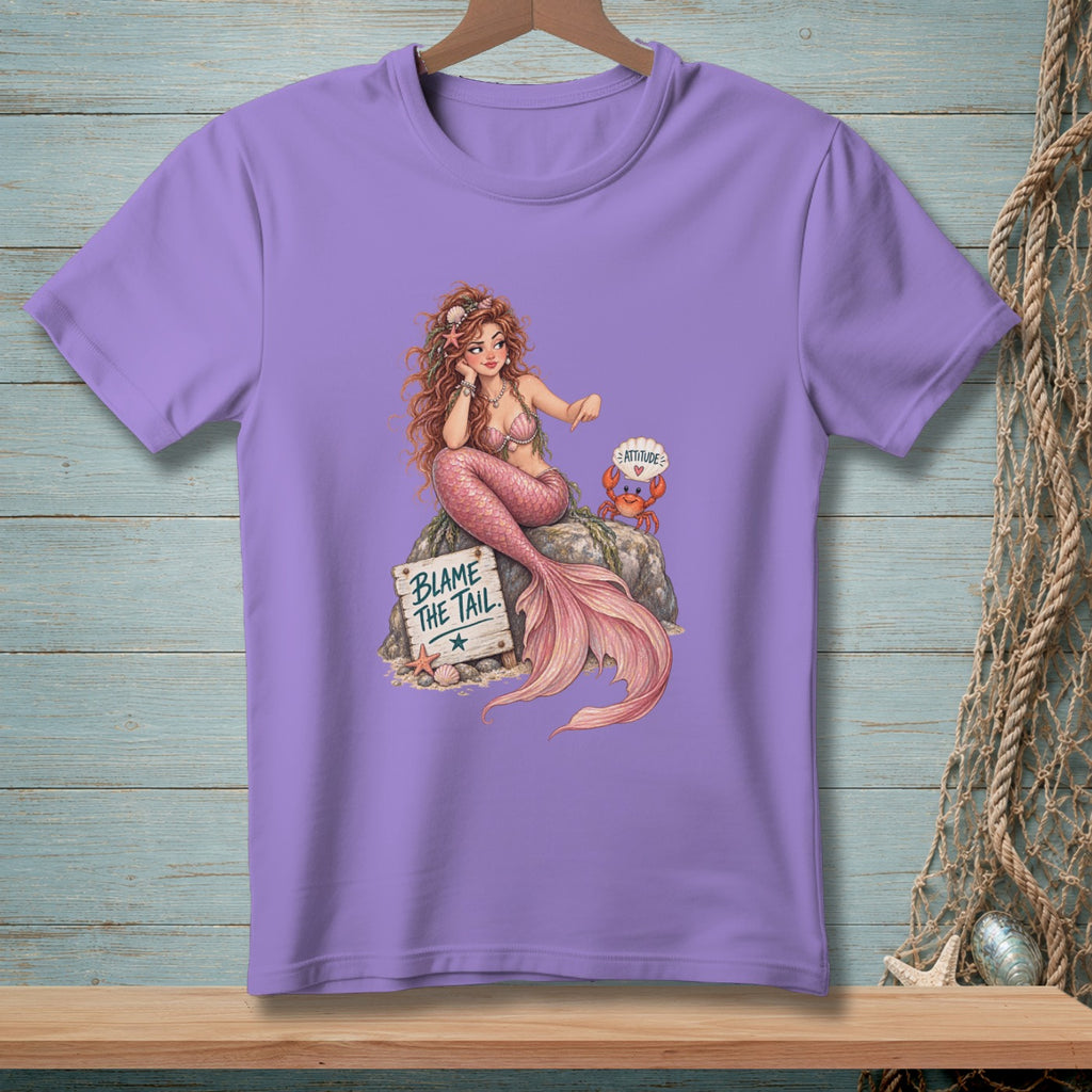 Purple t-shirt with a mermaid, crab, and sign that reads "Blame the Tail".