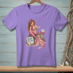 Purple t-shirt with a mermaid, crab, and sign that reads "Blame the Tail".