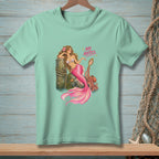 Mermaid with octopus and mirror, text "NO NOTES." printed on a seafoam green t-shirt.