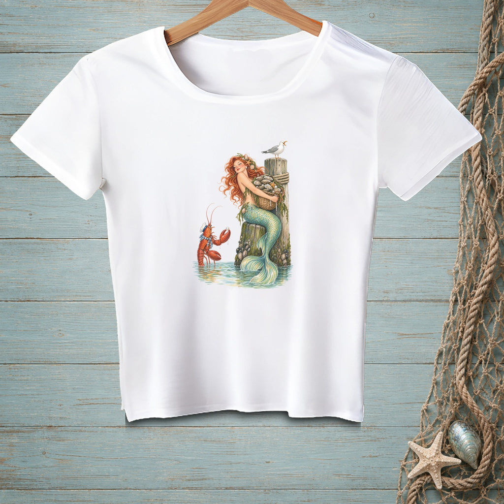Mermaid holding basket, lobster, and seagull on wooden post.