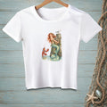 Mermaid holding basket, lobster, and seagull on wooden post.