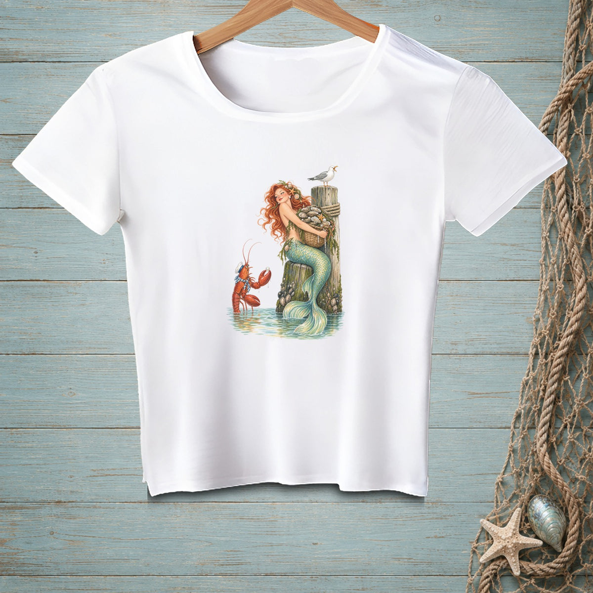 Mermaid holding basket, lobster, and seagull on wooden post.