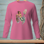 Pink long-sleeve shirt with a mermaid graphic and a "Proper Footwear Required" sign.