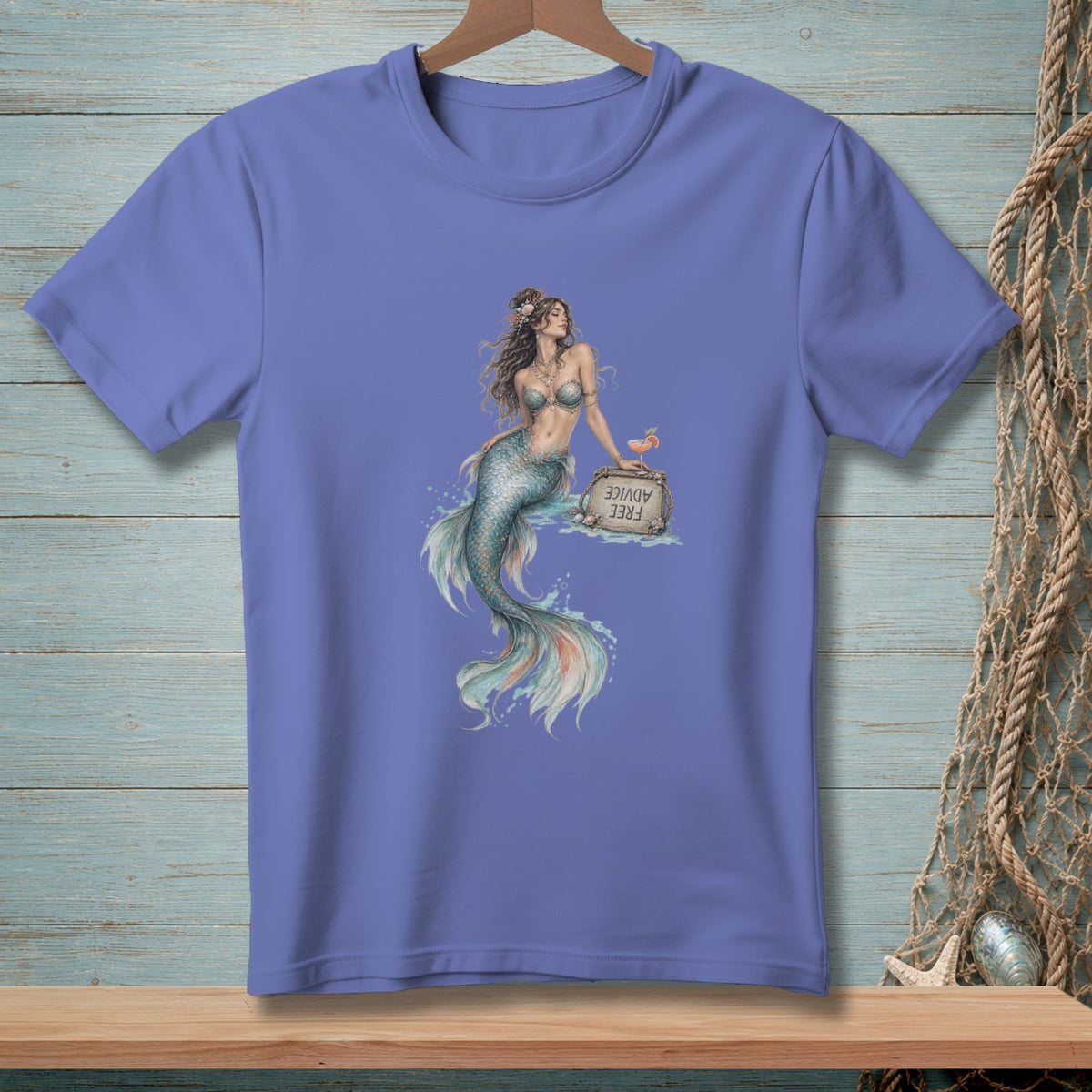 Mermaid with "Free Advice" sign and cocktail on a purple t-shirt.