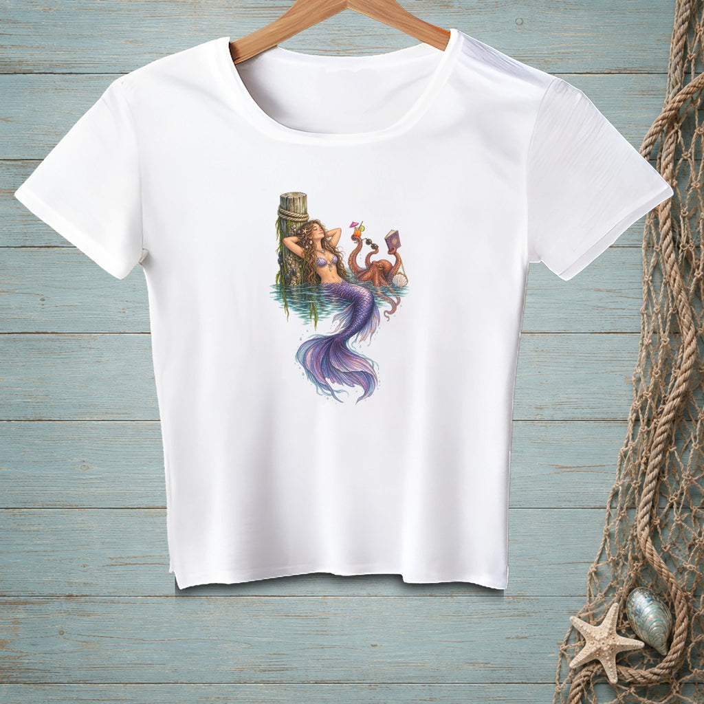 Mermaid relaxing with drinks and an octopus, printed on a white t-shirt.