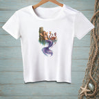 Mermaid relaxing with drinks and an octopus, printed on a white t-shirt.