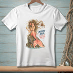 White t-shirt with mermaid illustration and text "MERMAID HAIR. ENTER AT YOUR OWN RISK."
