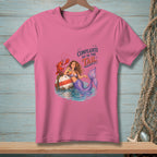 Pink t-shirt with mermaid and lobster text "Complaints go to the tail".